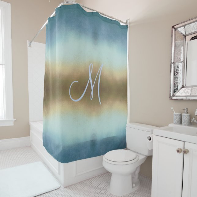 Ombre Gold Blue Monogram Shower Curtain (In Situ)