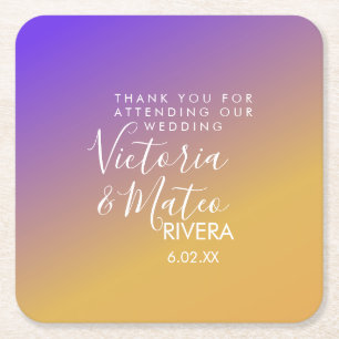 Ombre Gradient Purple Yellow Sunset Wedding   Square Paper Coaster