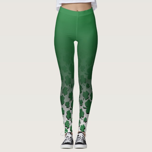 Ombre & Green Over Black Shamrock Pattern on White Leggings (Front)