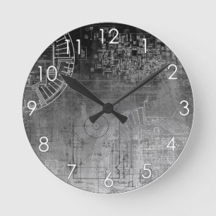 Ombre Grey to Black circuit board nerd geek Round Clock