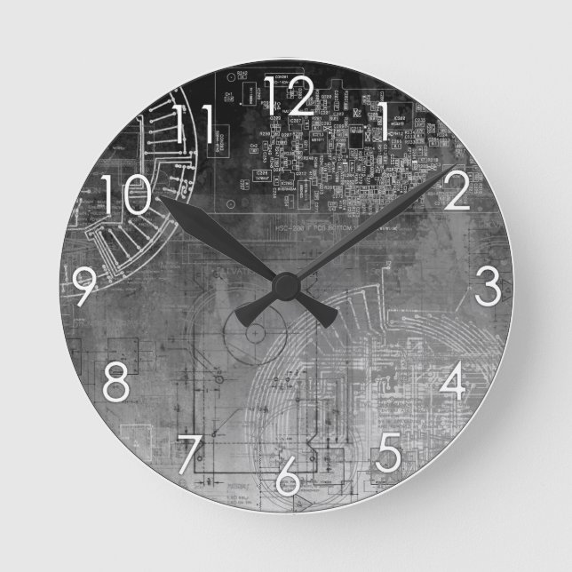 Ombre Grey to Black circuit board nerd geek Round Clock (Front)