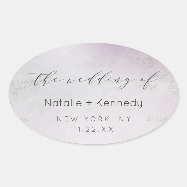 Ombre Light Purple Silver Foil Watercolor Wedding Oval Sticker (Front)