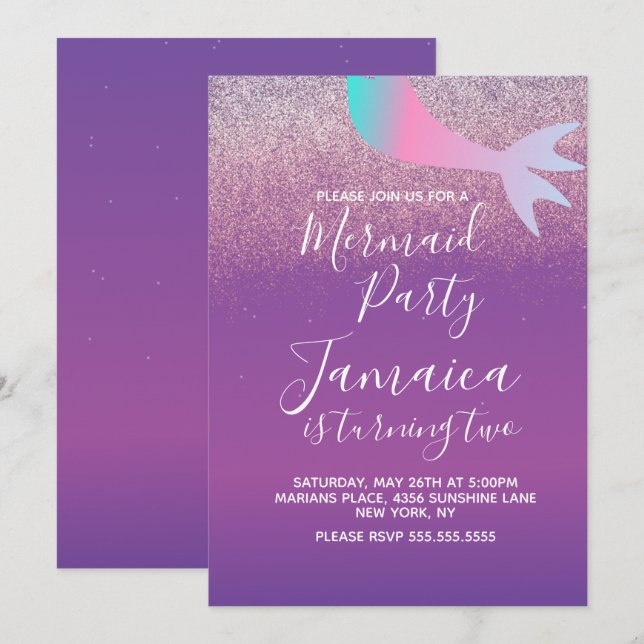 Ombré  Mermaid Faux Glitter Birthday Party  Invitation (Front/Back)