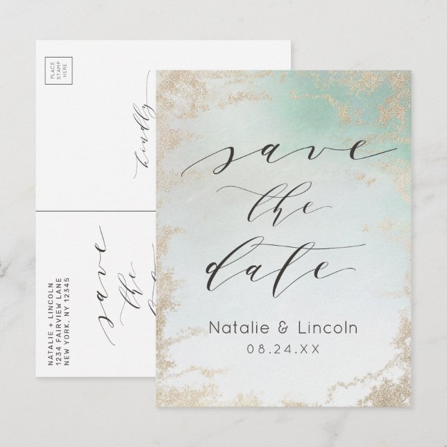Ombre Mint Green Frosted Gold Foil Save the Date Announcement Postcard (Front/Back)