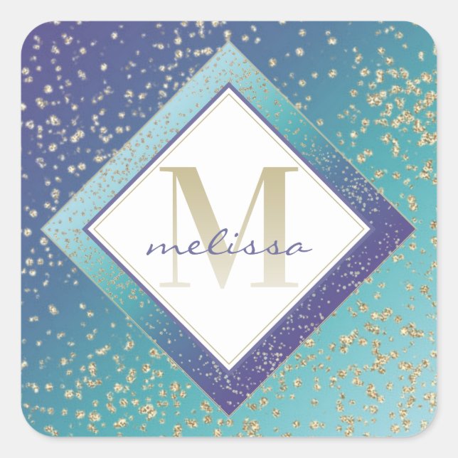 Ombre Monogram Mermaid Teal Purple Gold Fairy Dust Square Sticker (Front)