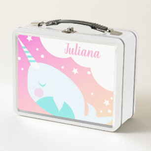 Ombre Narwhale Colourful Magical Cartoon Name Metal Lunch Box