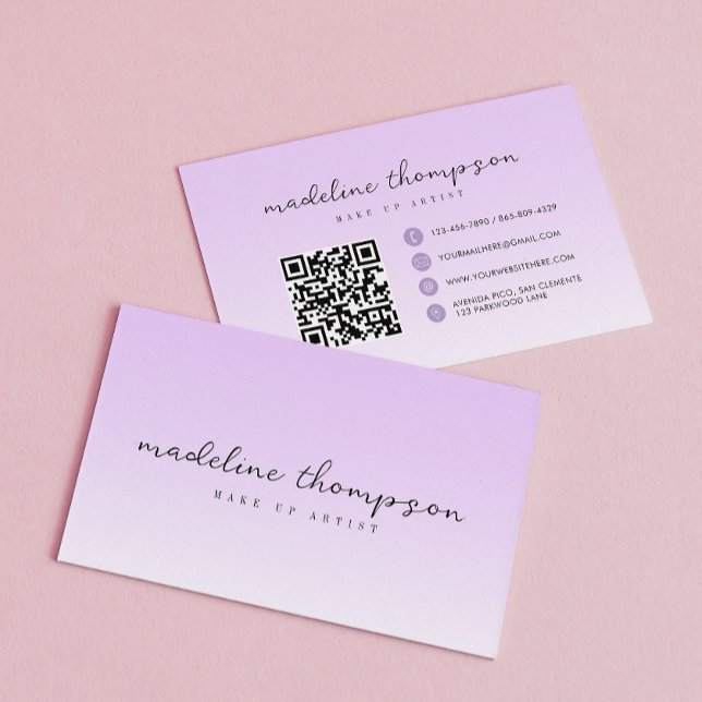 Ombre Pastel Purple Script Qr Code Carte de visite (Créateur téléchargé)