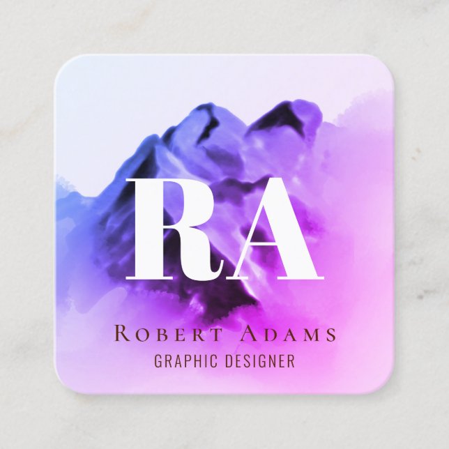 Ombre Pink Purple Watercolor Monogrammed Abstract Square Business Card (Front)