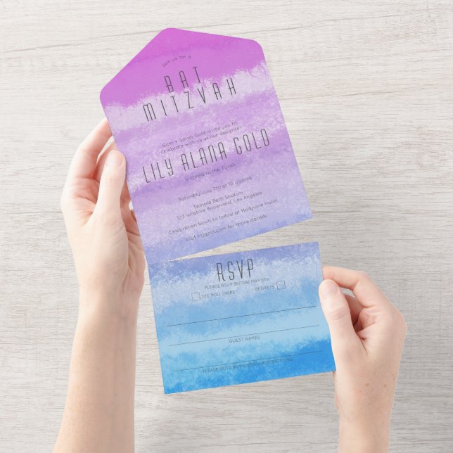 Ombre Purple Blue Elegant CUSTOM BAT BAR MITZVAH All In One Invitation (Tearaway)