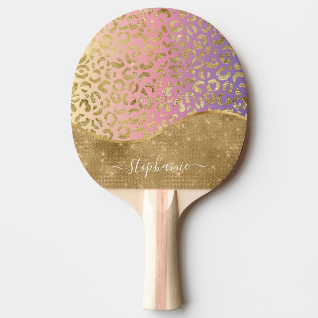 Ombre Purple Pink Gold Leopard Glam Personalized Ping Pong Paddle (Front)
