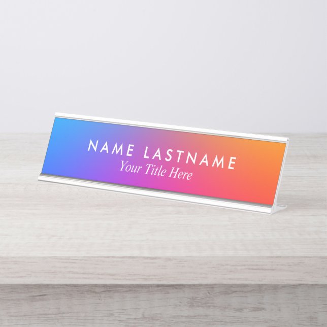Ombre Rainbow Multicolor White Custom Title Desk Name Plate (Front)
