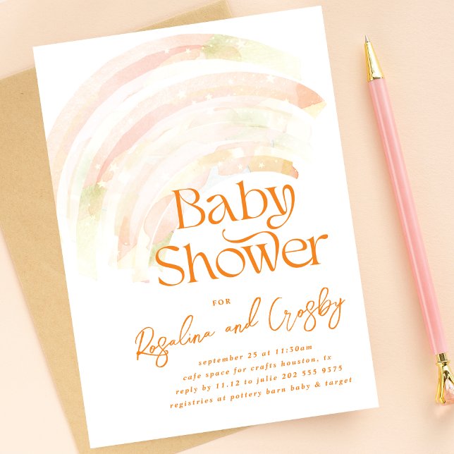 Ombre Rainbow Unisex Orange Stars Baby Shower Invitation (Creator Uploaded)