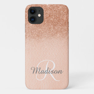 Ombre Rose Gold Glitter Fading Monogram iPhone 11 Case