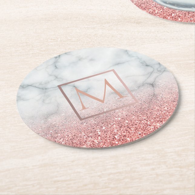 ombre rose gold monogram on white marble stone round paper coaster (Angled)