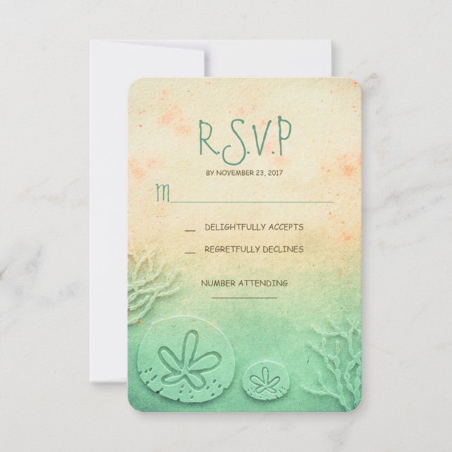 Ombre sand dollar beach wedding RSVP cards (Front)