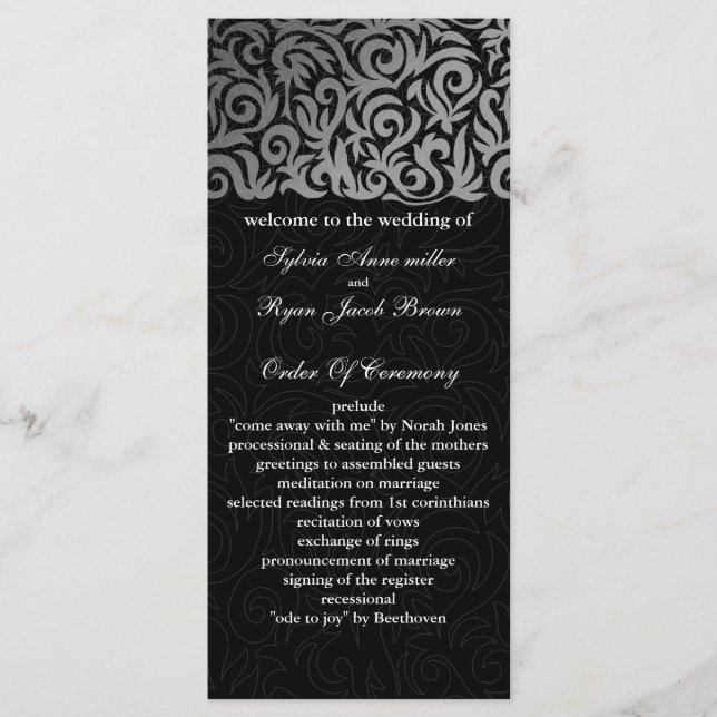 Ombre silver and Black Swirling Border Wedding Program (Front)