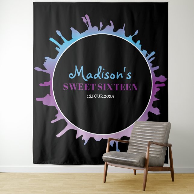 Ombre Splatter Sweet Sixteen 16 Photo-Op Backdrop Tapestry (In Situ)