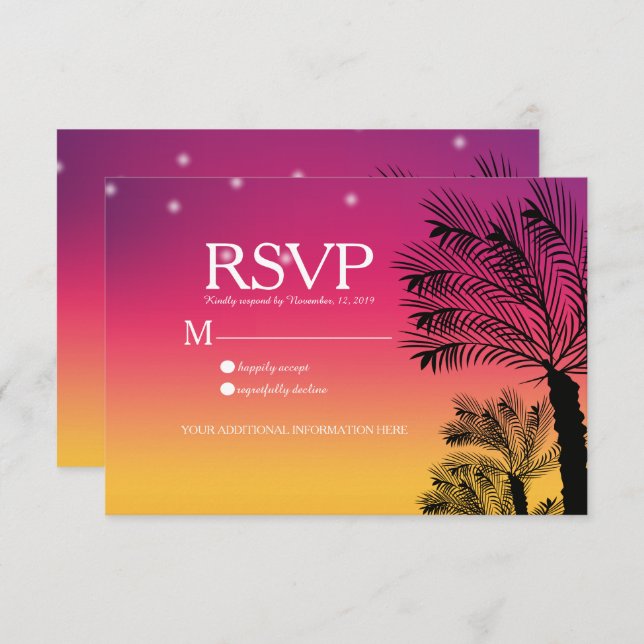 Ombre Sunset Beach Tropical Palm Trees Wedding Invitation (Front/Back)