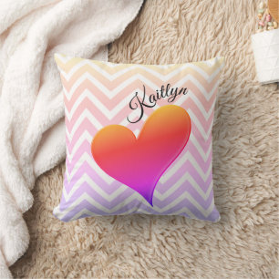 Ombre Sunset Heart on Chevron Stripe Throw Pillow
