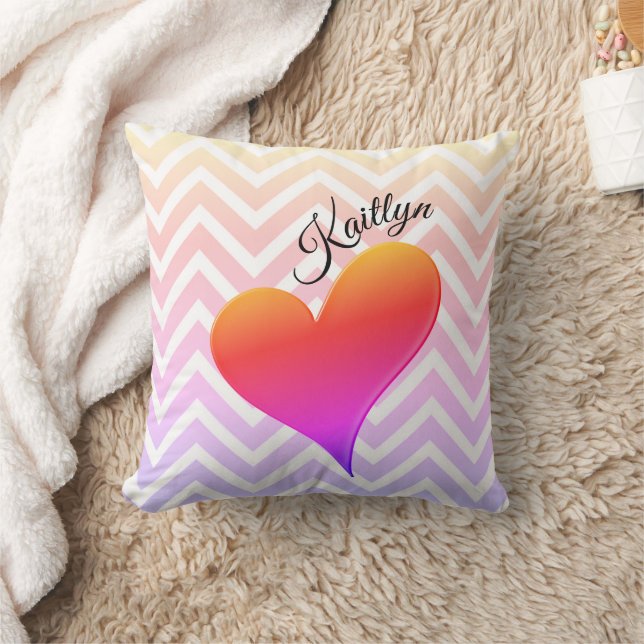 Ombre Sunset Heart on Chevron Stripe Throw Pillow (Blanket)