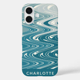 Ombre Teal Blue Abstract Waves Personalized iPhone 16 Case