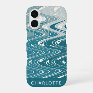 Ombre Teal Blue Abstract Waves Personalized iPhone 16 Case