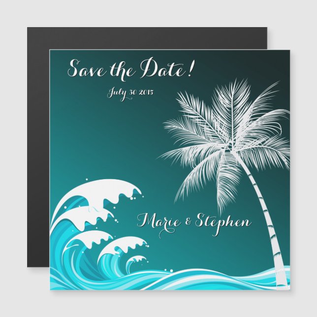 OMBRÉ TEAL TROPICAL PALMS Save the Date Magnetic Invitation (Front/Back)