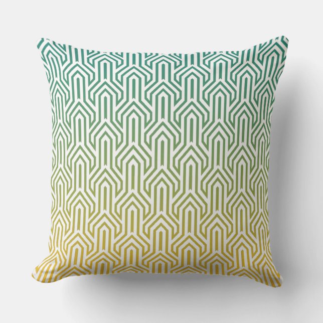 Ombre-themed Turquoise Yellow Art Deco Pattern Throw Pillow (Front)