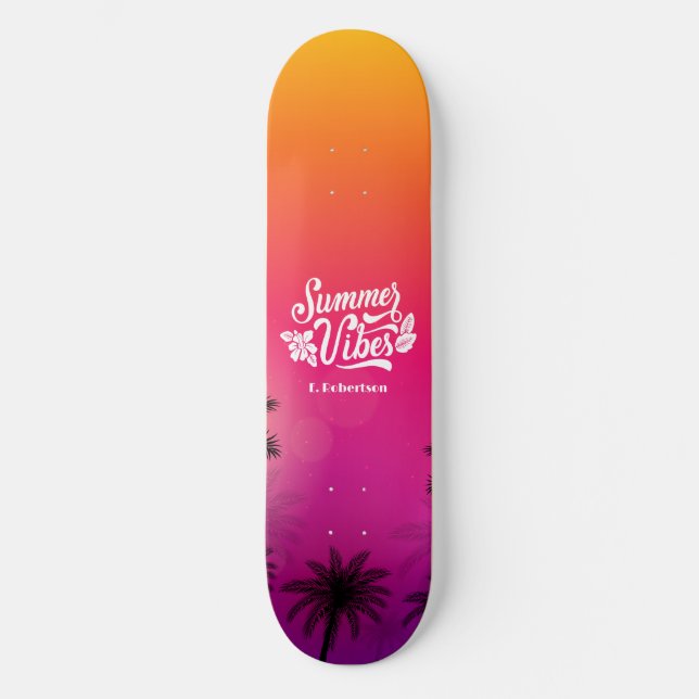 Ombre Tropical Summer Night Vibe Custom Name Skateboard (Front)