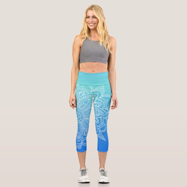 Ombre Turquoise bleu Mandala Yoga Capri Leggings (Recto)
