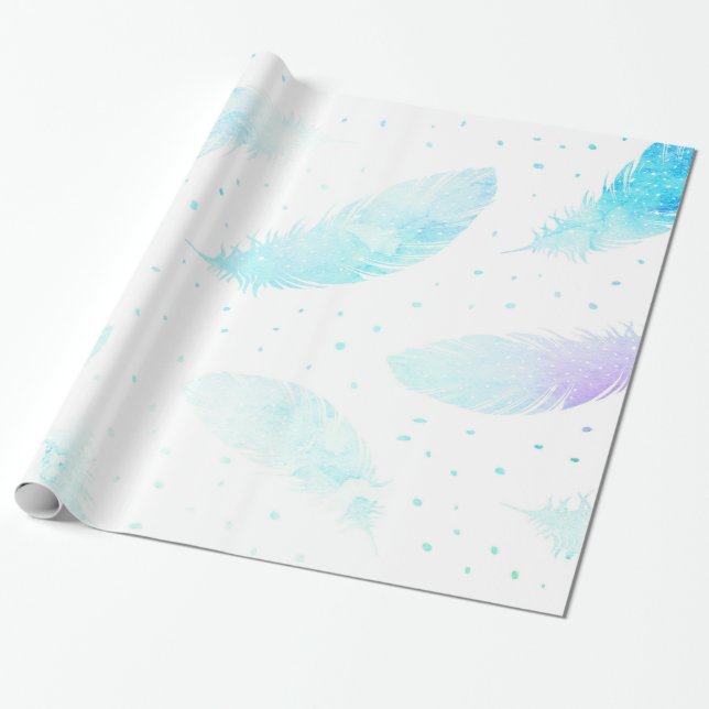 *~* Ombre Turquoise Blue Magenta Feathers on White Wrapping Paper (Unrolled)
