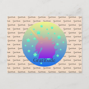 "Ombre unicorn with word gratitude" postcard. Postcard