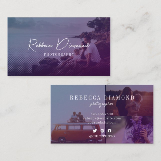 Ombre Violet Abstract Overlay 4 Photos Script Business Card (Front/Back)