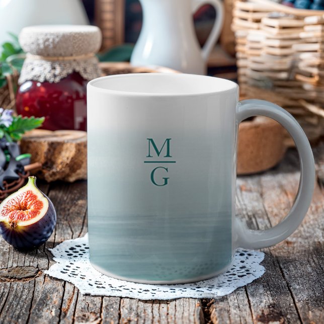 Ombre Watercolor Beach Monogram Teal Coffee Mug (This mug features a watercolor ombre background that feels like a beach with a monogram.)