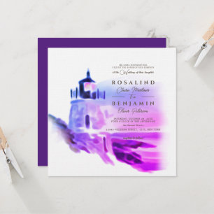 Ombre Watercolor Pink Lighthouse Landscape Wedding Invitation