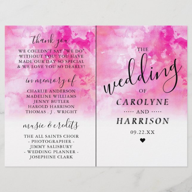 Ombre Watercolor Wedding Bi-fold Programs - Pink (Front)