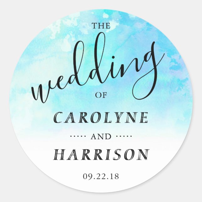 Ombre Watercolor Wedding Favour Sticker - Blue (Front)
