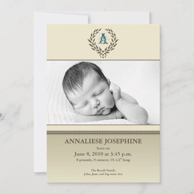 Ombre Wreath Taupe 5x7" Birth Announcement (Front)