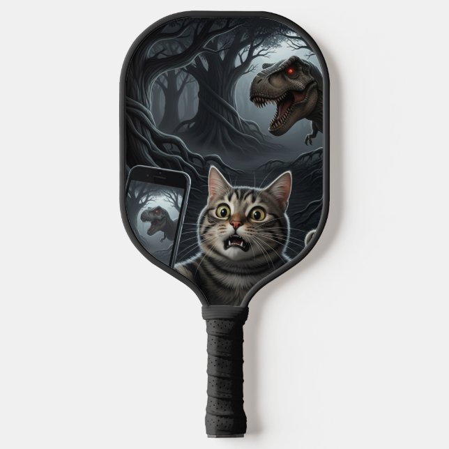OMG A Dinosaur! Funny Cat Selfie with T-Rex Pickleball Paddle (Front)