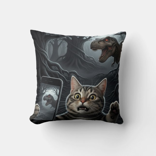 OMG A Dinosaur! Funny Cat Selfie with T-Rex Throw Pillow (Front)