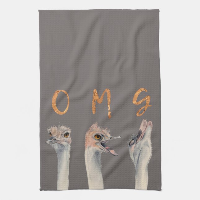 OMG Funny Ostriches Watercolor Illustration Kitchen Towel (Vertical)