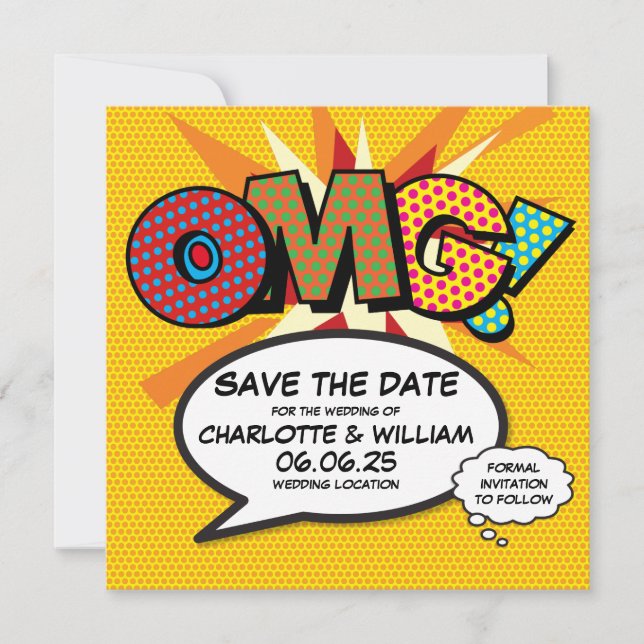 OMG Save the Date Fun Retro Comic Book Pop Art (Front)