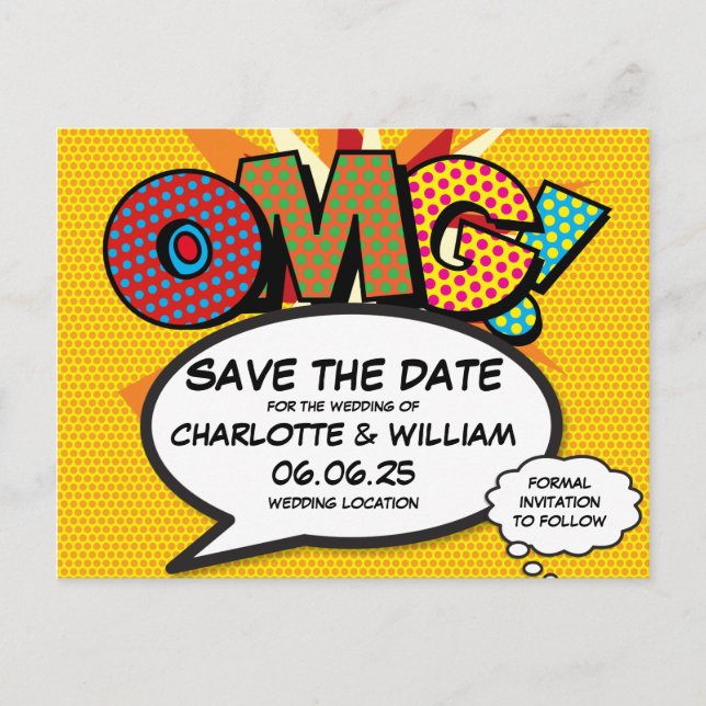 OMG Save the Date Fun Retro Comic Book Pop Art Announcement Postcard (Front)