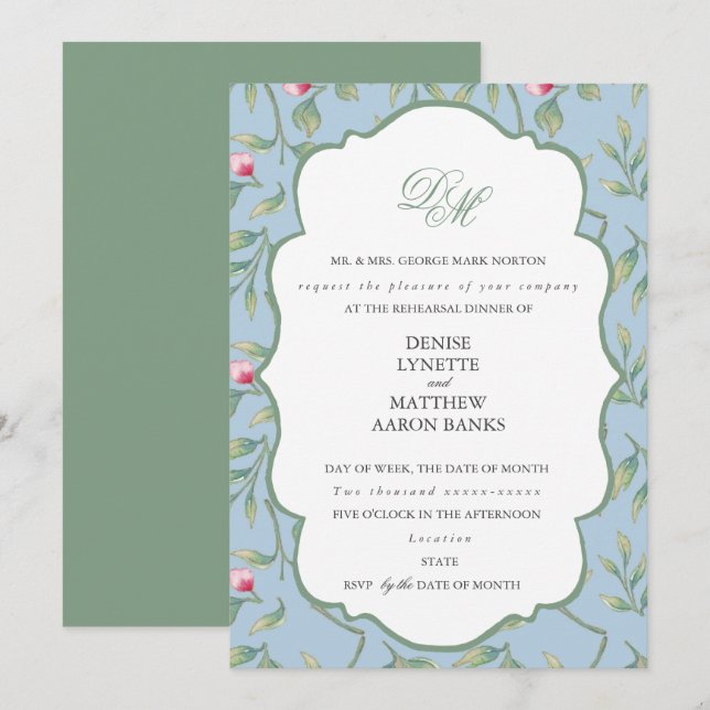 Omphalodes Blue and Basil Green Rehearsal Dinner Invitation (Front/Back)
