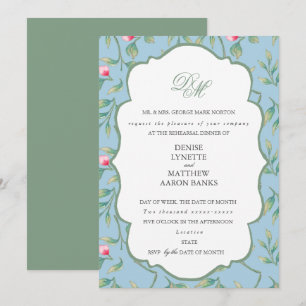 Omphalodes Blue and Basil Green Rehearsal Dinner Invitation