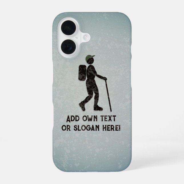On a Hike with Backpack and Stick - your slogan on iPhone 16 Case (Back)