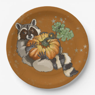 On a Roll Raccoon Pumpkin Autumn Paper Plate
