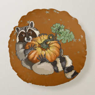 On a Roll Raccoon Pumpkin Autumn Round Pillow
