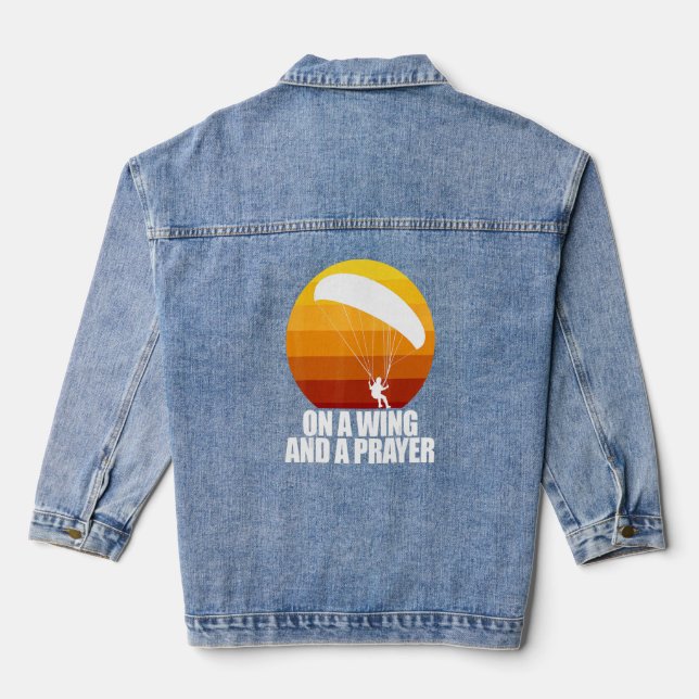 On A Wing And A Prayer  Women Paraglider Adventure Denim Jacket (Back)