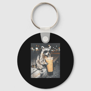 (on back) raccoon drinking iced coffee funny anima keychain